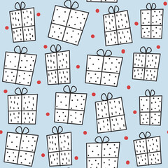 cute funny abstract hand drawn christmas seamless vector pattern illustration with decorated gift box and red snowflakes on baby blue background