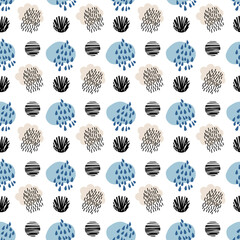 Winter abstract geometric seamless pattern with circles, clouds, raindrops. Trendy hand drawn textures. Modern abstract design for paper, fabric, interior decor and other users.