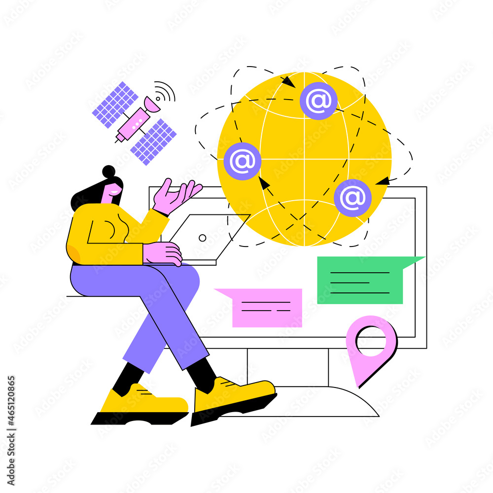Poster global web connection abstract concept vector illustration. global network communication, satellite 