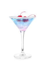 Glass of Blue Lagoon cocktail on white background
