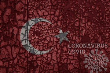 flag of turkey on a old metal rusty cracked wall with text coronavirus, covid, and virus picture.
