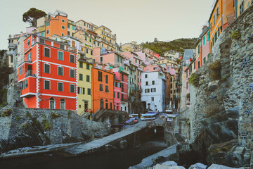 Beautiful Riomaggiore village on the coastline of Cinque Terre by the Ligurian Sea, Italy