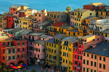 Fototapeta na wymiar Closeup of beautiful Vernazza village on the coastline of Cinque Terre by the Ligurian Sea, Italy