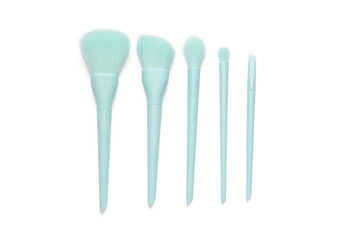 Different makeup brushes on white background