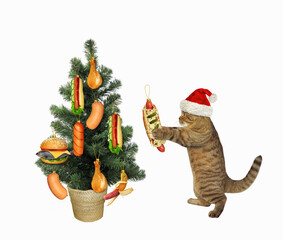 A beige cat in a Santa Claus hat decorates the Christmas tree with delicious food. White background. Isolated.