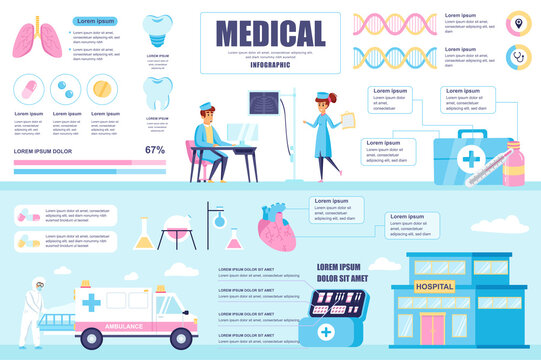 Medical concept banner with infographic elements. Doctor and nurse diagnose, treatment, ambulance in hospital. Poster template with graphic data visualization, timeline, workflow. Vector illustration