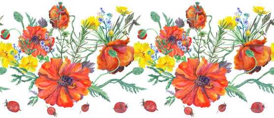 Contrast seamless watercolor border with bouquet of bright red poppies and wild herbs isolated on white background for textile and surface design