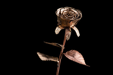 A shiny rose made out of copper on a black background