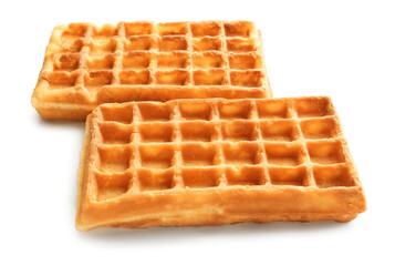 Tasty Belgian waffles on white background
