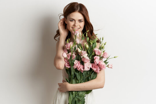 Cheerful Woman With A Bouquet Of Flowers Lifestyle Glamor