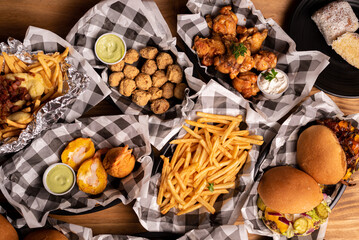 Finger Food Servings - Buffalo Wings, French Fries and Meat Dumpling