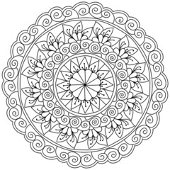Outline mandala with flowers and leaves, zen coloring book page with natural motives