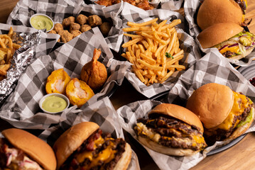 Finger Food Servings - Buffalo Wings, French Fries and Meat Dumpling