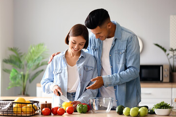 Young couple cooking in kitchen. Vegan Day