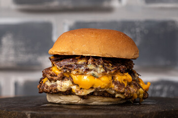 Burger with beef, cheese, and cheese crunch