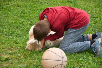 Boy playing with malamute puppy.