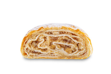 Apple strudel sweet cake on a white isolated background