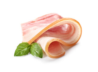 Slice of smoked bacon on white background