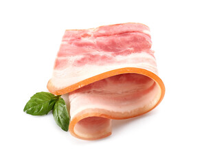 Slice of smoked bacon on white background
