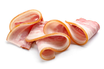 Slices of smoked bacon on white background