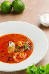 tom yum in white plate on concrete background. Spicy Thai food with ingredients on table. Spicy Thai food closeup
