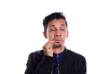Man keeping secret, isolated on white background. Comic man making gesture of closing mouth with...