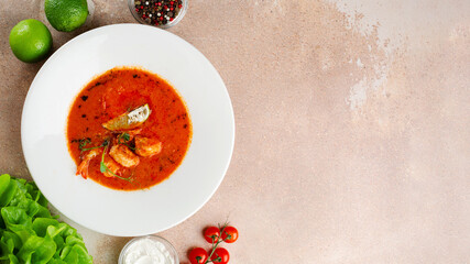 tom yum in white plate on concrete background. Spicy Thai food with ingredients on table. Spicy Thai food top view