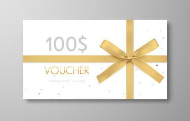 Gift voucher with gold ribbon and bow. Discount luxury coupon. Vector illustration