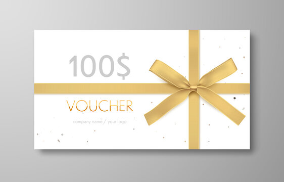 Gift voucher with gold ribbon and bow. Discount luxury coupon. Vector illustration