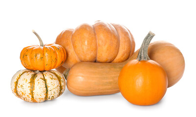 Whole fresh pumpkins isolated on white background