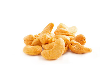 Pile of cashew nuts on a white background.