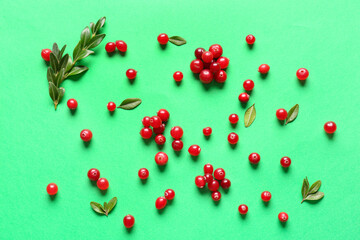 Many ripe lingonberry and leaves on color background