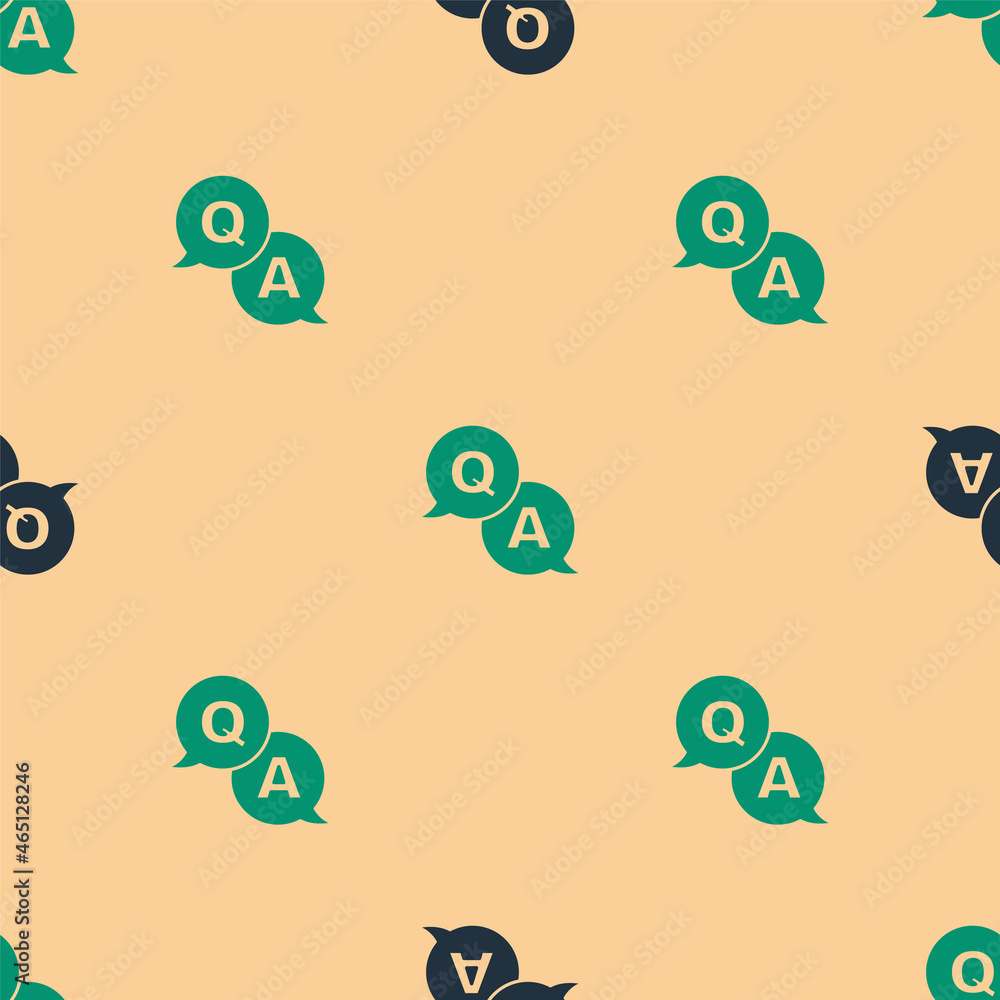 Poster green and black speech bubbles with question and answer icon isolated seamless pattern on beige back