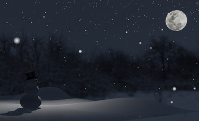 A snowman with his black hat is standing in a pine forest with blur full moon background (3D...
