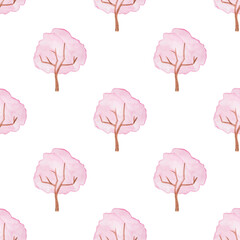 Seamless pattern with hand-drawn watercolor tree with lush pink foliage on white.