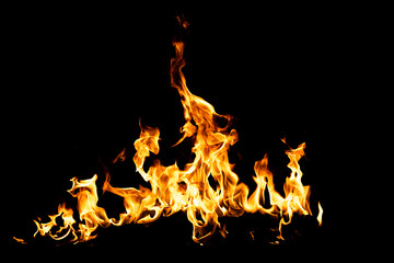 Fire flame isolate on black background. Burn flames, abstract texture. Art design for fire pattern,...