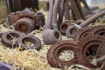 Different mechanical tools, camera made of chocolate 