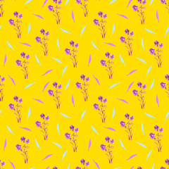 Fototapeta na wymiar Pink flowers on a yellow background. Bright watercolor seamless pattern. Design of fabric, wallpaper, wrapping paper. Bright accent.