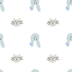 Seamless pattern with primitive rabbit and cat faces on white background. For prints, backgrounds, wrapping paper, textile, linen, wallpaper, etc. 