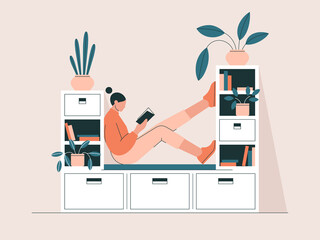 Woman reading a book, sitting by a bookcase or bookshelf. Home library, education, knowledge concept. Comfortable place to relax in a house, cozy modern interior. Isolated flat vector illustration