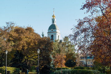 Moscow, Russia. Morning in October. Square at Yauzskie vorota square. Church of st. Trinity