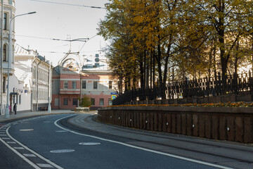 Golden autumn in Moscow, Russia.  Beginning of Yauzsky boulevard. Sunny day Old buildings