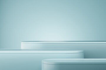 Naklejka na ściany i meble Blue triple podium or pedestal on blue background. Minimal cosmetic background for product presentation. 3d rendering. Horizontal display 