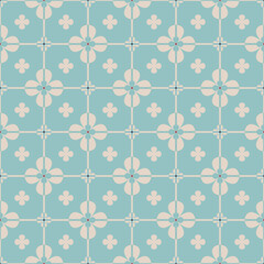 Abstract seamless geometric floral pattern with four leaf clovers on light blue tiled texture. Vector illustration for tiles, home decor, wrapping paper, postcard  backgrounds and wallpaper.