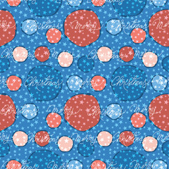 Colourful abstract snow balls seamless pattern in shades of blue and red with Greeting. Vector illustration suitable for seasonal wrapping paper, decorations, Christmas background and greeting cards.