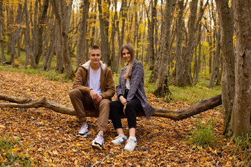 a young handsome guy in an autumn jacket is sitting next to a beautiful young girl in a gray coat on a log in the autumn city forest