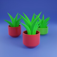 Flowerpots Plants 3D-Illustration on blue background. 3D-rendering.