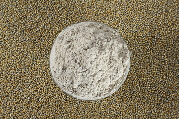 pearl millet grain whole and flour in bowl for indian gujarati food recipe as food background