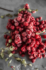 detail close up on frozen raspeberries