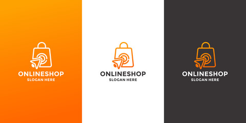 online shop logo design. bag shop combine with click icon - obrazy, fototapety, plakaty